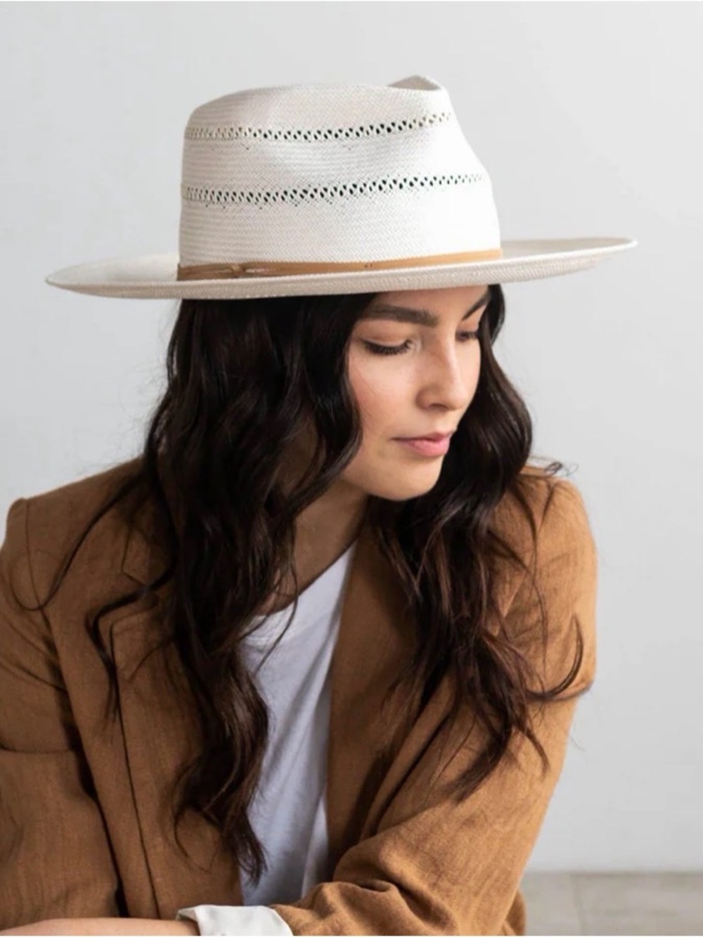 Gigi Pip Arlo Rancher Women's White Straw Fedora Hat with Tan Band